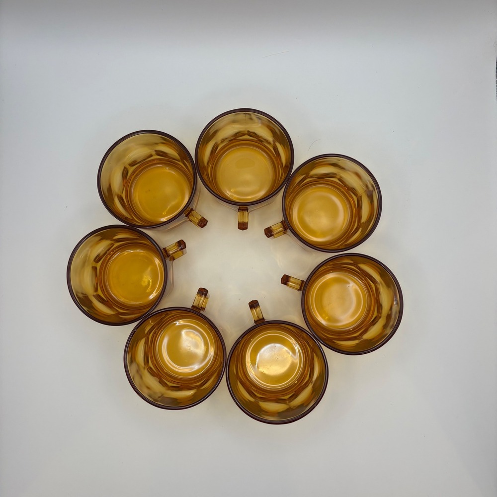 Vintage Arcoroc France Amber Glass Mugs Set of 7 MCM Retro Coffee Cups Stackable - Picture 3 of 4